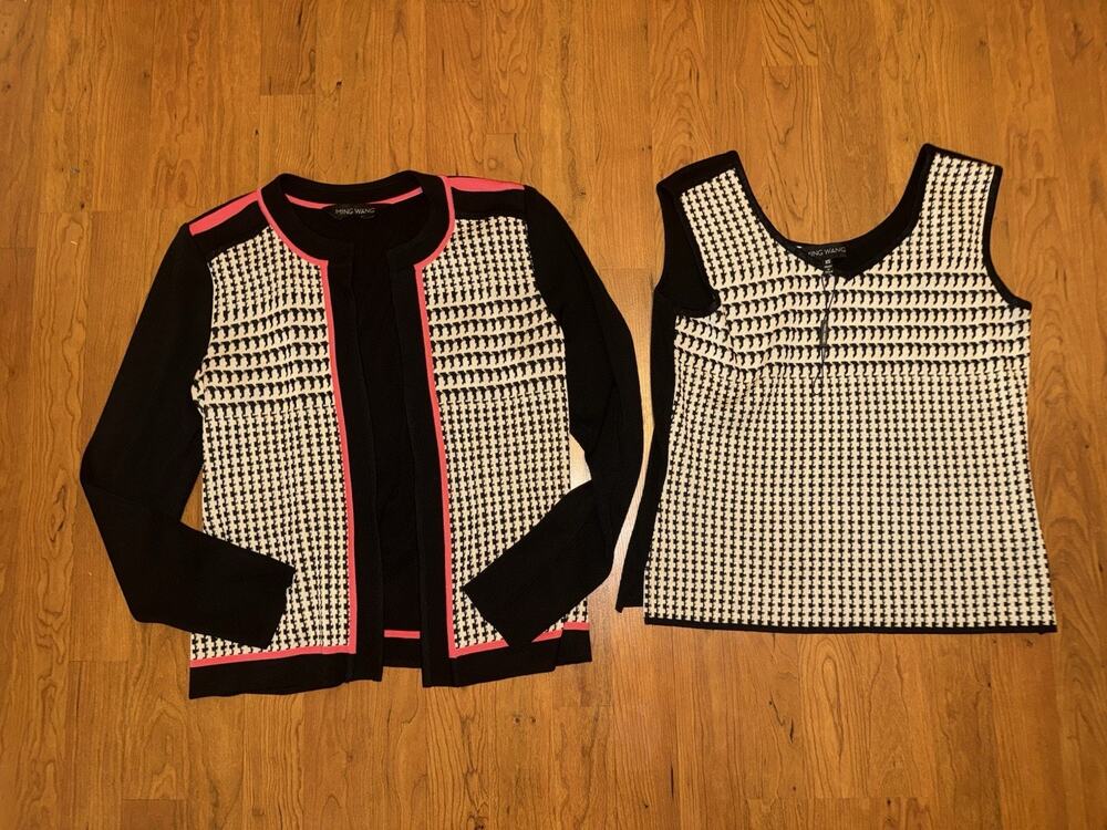 Ming Wang Houndstooth Open Front Cardigan Sweater & Tank XS Preppy Old Money